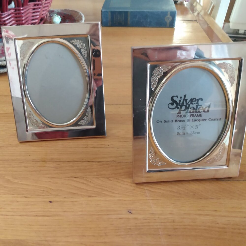 2 Vintage Silver Plated on Brass Picture Frames with Etched Roses 3.5 x 5